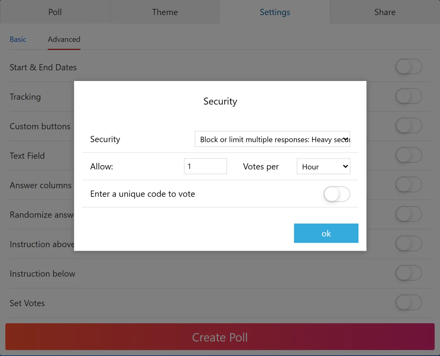 The Advanced settings list showing start and end dates, tracking, custom buttons, text field, answer columns, randomize answers, instructions and set votes